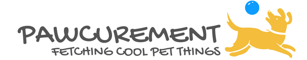 Pawcurement logo on white background with slogan “Fetching Cool Pet Things” in gold and grey text