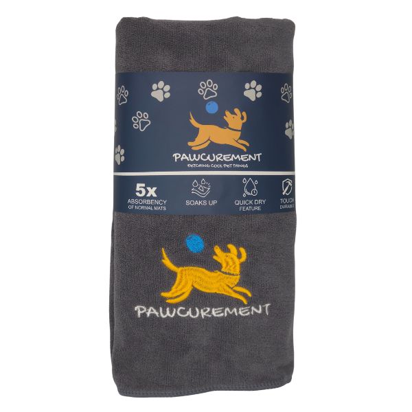 Pawcurement grey quick dry dog towel folded with embroidered logo and packaging
