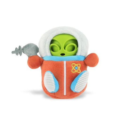 Front view of the P.L.A.Y. Alien Buddy Astro Explorer dog toy showing the green alien in an orange space suit with a plush ray gun.