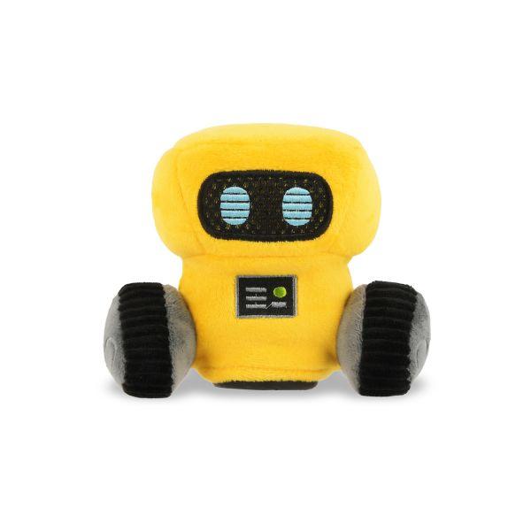 Front view of the P.L.A.Y. Alien Buddy Robo-Rover dog toy showing its bright yellow body, blue eyes, and detailed plush design.