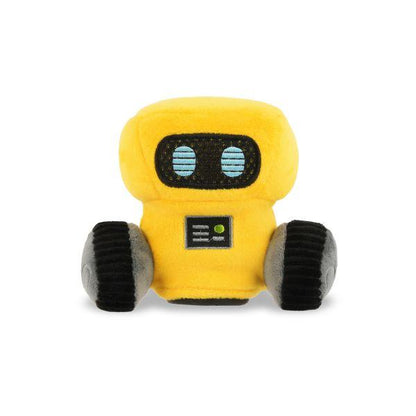 Front view of the P.L.A.Y. Alien Buddy Robo-Rover dog toy showing its bright yellow body, blue eyes, and detailed plush design.