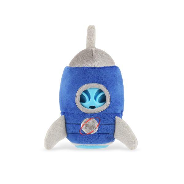 Front view of the P.L.A.Y. Alien Buddy Starblaster dog toy showing the rocket-shaped plush design with the blue alien visible through the front window.