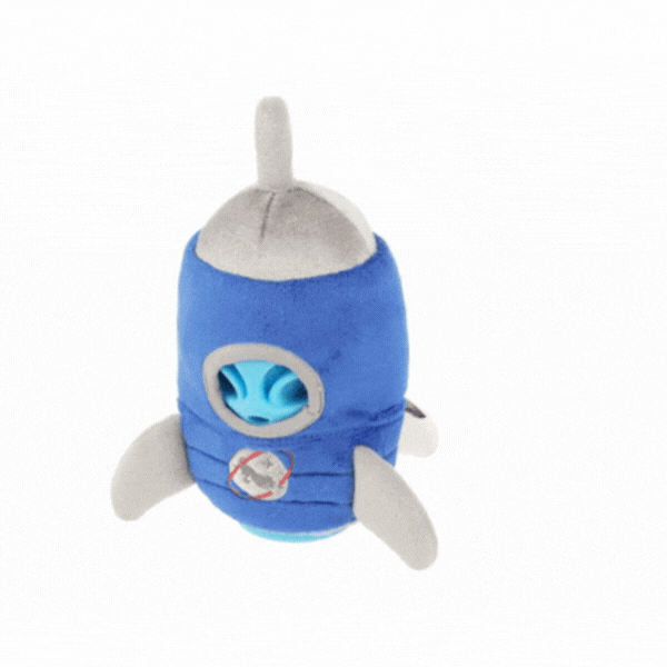Animated GIF showing the P.L.A.Y. Alien Buddy Starblaster dog toy being unwrapped to reveal the hidden blue alien inside.