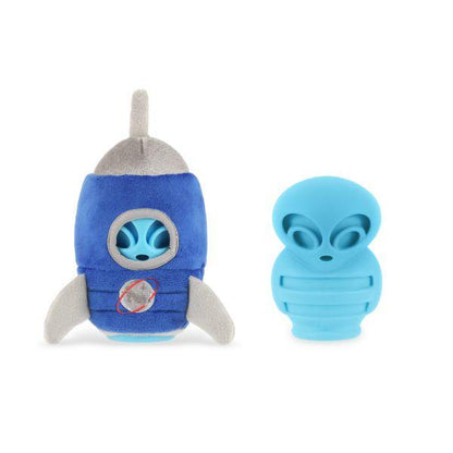 P.L.A.Y. Alien Buddy Starblaster dog toy displayed with the blue alien figure showing its playful rocket-themed design and plush details.