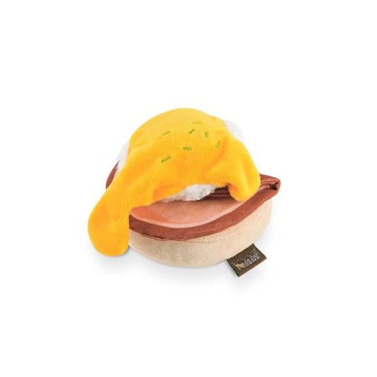 P.L.A.Y. Barking Brunch Benny’s Benedict plush dog toy with detachable egg, crinkle bacon, and squeaky base