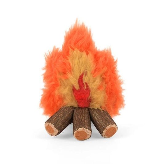 P.L.A.Y. Camp Corbin Cozy Campfire plush dog toy with soft flame design, crinkly logs, and built-in squeaker for interactive play