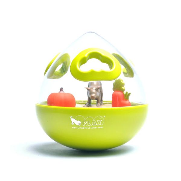 P.L.A.Y. Wobble Ball interactive treat-dispensing dog toy in green colour shown on its own