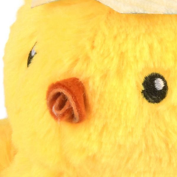 Close-up of P.L.A.Y. Hippity Hoppity Chick Me Out plush dog toy showing chick’s fluffy texture and beak detail