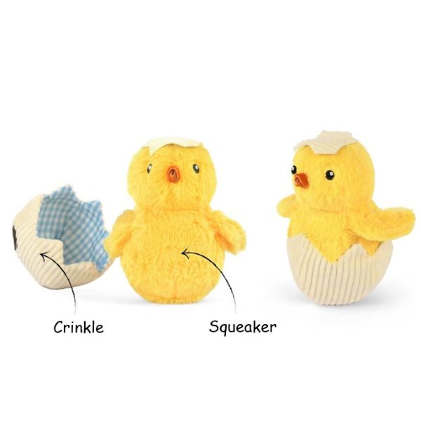 P.L.A.Y. Hippity Hoppity Chick Me Out dog toy showing squeaker and crinkle features in chick and eggshell