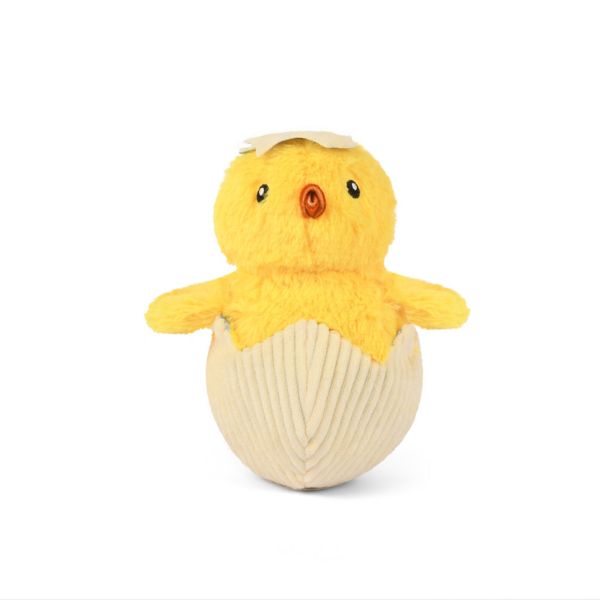 Front view of the P.L.A.Y. Hippity Hoppity Chick Me Out plush dog toy with yellow chick in cracked egg
