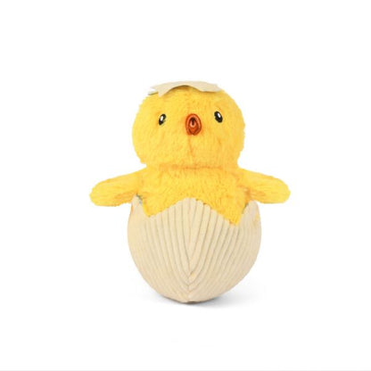 Front view of the P.L.A.Y. Hippity Hoppity Chick Me Out plush dog toy with yellow chick in cracked egg