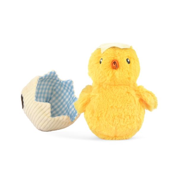 P.L.A.Y. Hippity Hoppity Chick Me Out dog toy featuring yellow chick with removable blue gingham eggshell