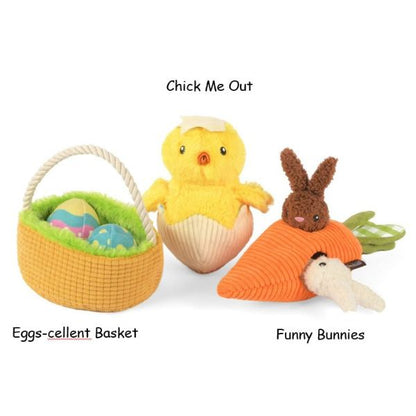 P.L.A.Y. Hippity Hoppity dog toy collection featuring Chick Me Out, Funny Bunnies, and Eggscellent Basket plush toys