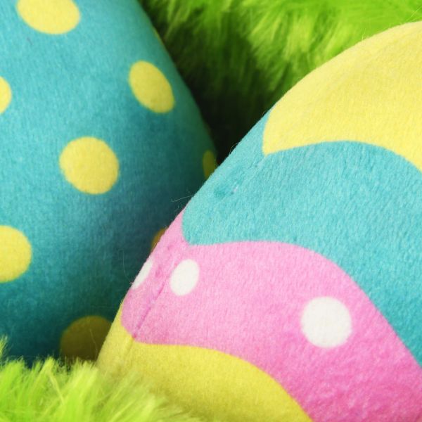 Close-up of P.L.A.Y. Hippity Hoppity Eggscellent Basket dog toy showing colourful Easter egg details