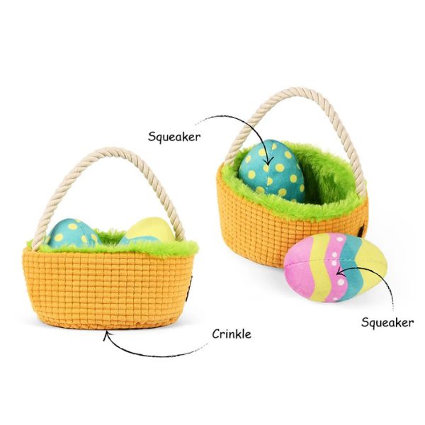 P.L.A.Y. Hippity Hoppity Eggscellent Basket dog toy showing crinkle basket and squeaky Easter eggs