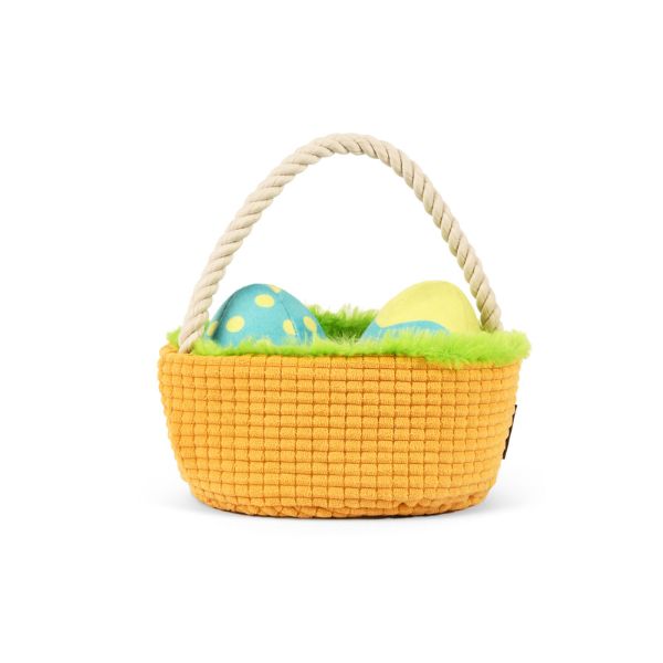 P.L.A.Y. Hippity Hoppity Eggscellent Basket dog toy with blue and yellow Easter eggs inside woven basket