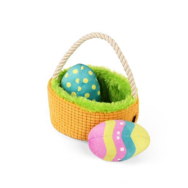 P.L.A.Y. Hippity Hoppity Eggscellent Basket dog toy with one Easter egg outside the basket