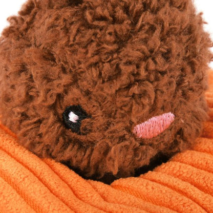 Close-up of the P.L.A.Y. Hippity Hoppity Funny Bunnies dog toy showing brown bunny plush texture