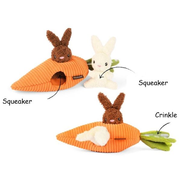 P.L.A.Y. Hippity Hoppity Funny Bunnies dog toy showing squeaker and crinkle features in carrot burrow