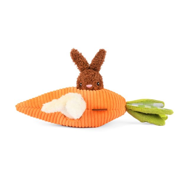P.L.A.Y. Hippity Hoppity Funny Bunnies dog toy front view with brown bunny inside orange carrot