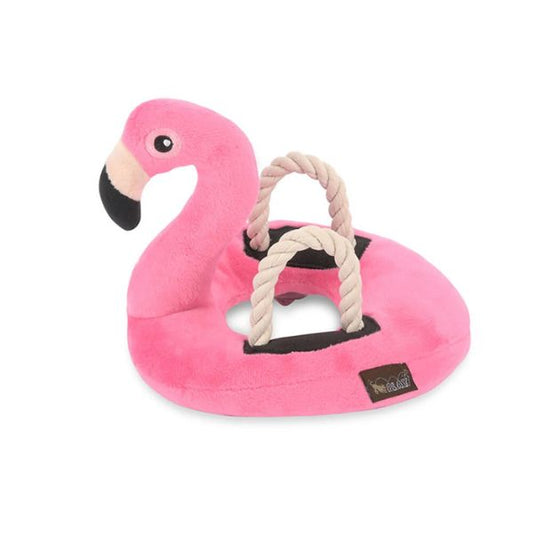 P.L.A.Y. Tropical Flamingo Float plush dog toy shaped like a pink flamingo pool float