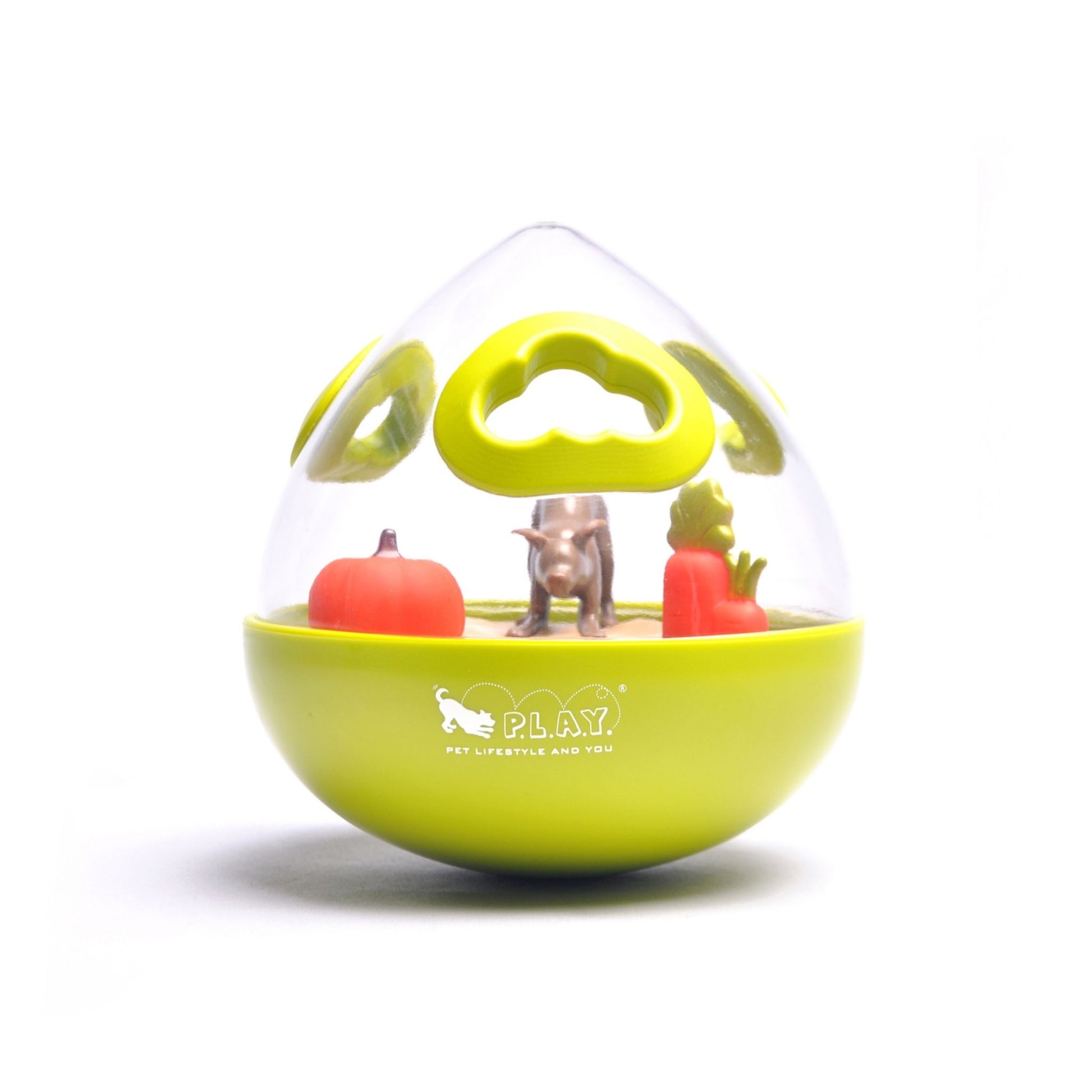 Green P.L.A.Y. Wobble Ball enrichment treat toy for dogs