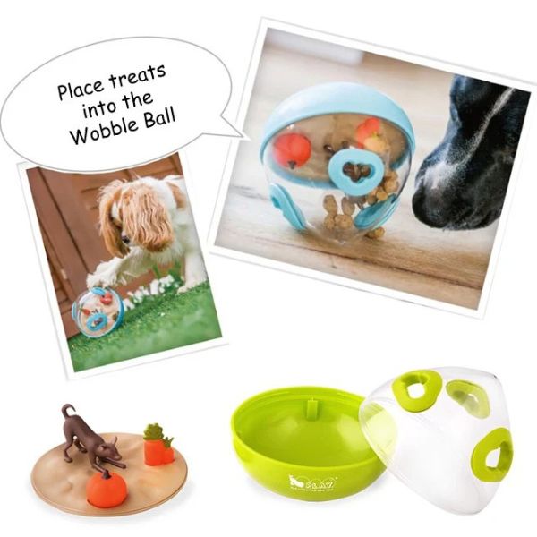 Dog playing with the P.L.A.Y. Wobble Ball interactive treat-dispensing toy in blue and green colours
