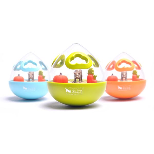P.L.A.Y. Wobble Ball Puzzle Dog Toy in blue, green, and orange colours designed to dispense treats during play.