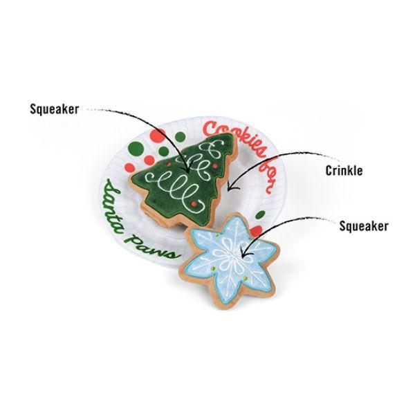 Features of the P.L.A.Y. Woofmas Collection Christmas Eve Cookies dog toy showing festive cookie designs and plush details.