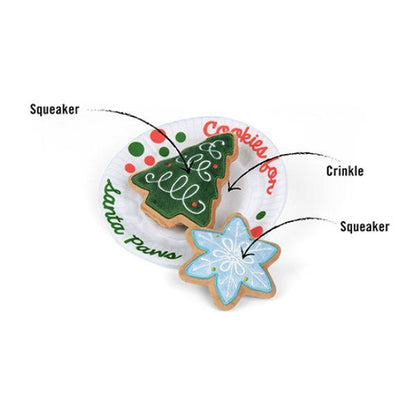 Features of the P.L.A.Y. Woofmas Collection Christmas Eve Cookies dog toy showing festive cookie designs and plush details.