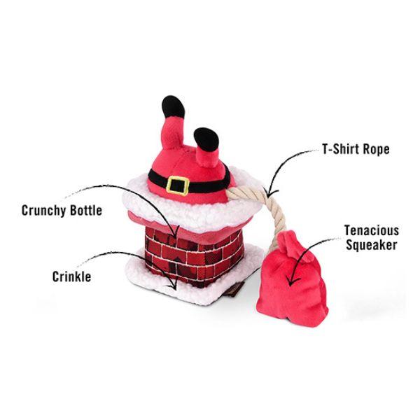 Features of the P.L.A.Y. Woofmas Collection Clumsy Claus dog toy showing design details and materials.