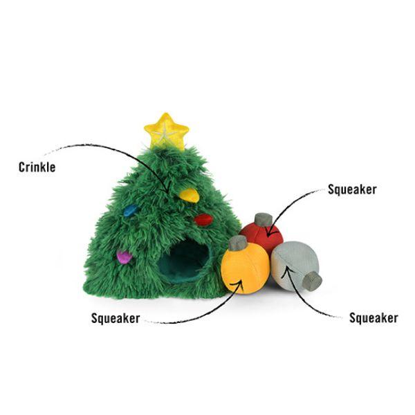 Features of the P.L.A.Y. Woofmas Collection Doglas Fur Christmas tree dog toy showing plush details and festive design elements.