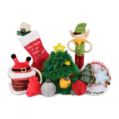 Full P.L.A.Y. Woofmas Collection featuring Christmas Eve Cookies, Santa’s Little Elf-er, Doglas Fur, Good Dog Stocking, and Clumsy Claus dog toys.