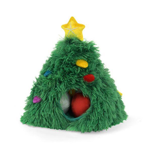 Full view of the P.L.A.Y. Woofmas Collection Green Doglas Fur dog toy shaped like a festive Christmas tree.