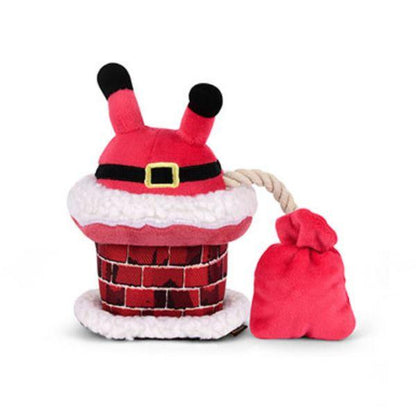Full shot of the P.L.A.Y. Woofmas Collection Red Clumsy Claus dog toy showing complete plush design.