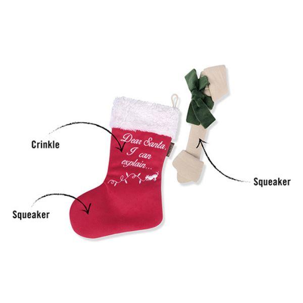 Features of the P.L.A.Y. Woofmas Collection Red Good Dog Stocking showing festive design and durable materials.