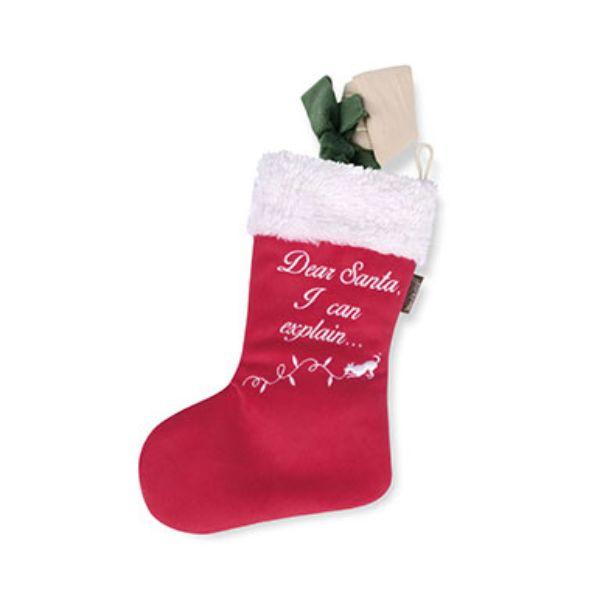 Full view of the P.L.A.Y. Woofmas Collection Red Good Dog Stocking dog toy showing its festive red design and bone detail.
