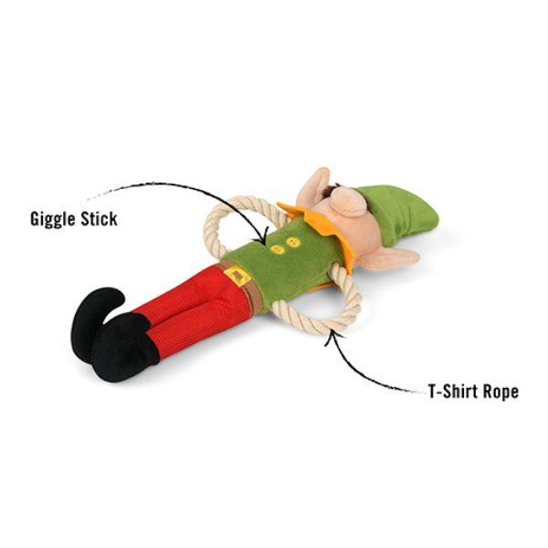 Features of the P.L.A.Y. Woofmas Collection Santa’s Little Elf-er dog toy showing festive rope design and plush holiday details.