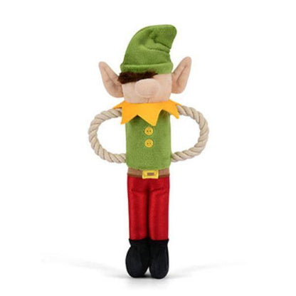 Full view of the P.L.A.Y. Woofmas Collection Santa’s Little Elf-er dog toy showing festive holiday design and rope detail.