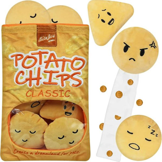 Potato Chips snuffle dog toy with plush chip pieces and crinkle snack bag design