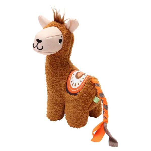 ROOP Friendee Latin Pacos alpaca dog toy side view with detailed embroidered face and patterned saddle