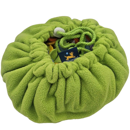 Sniff & Stash snuffle mat in closed drawstring position for storing treats and travel