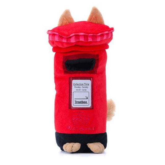 Front view of the Woof² British Postbox Treat-Dispensing Dog Toy featuring a red postbox design with dog ears, feet, and tail.