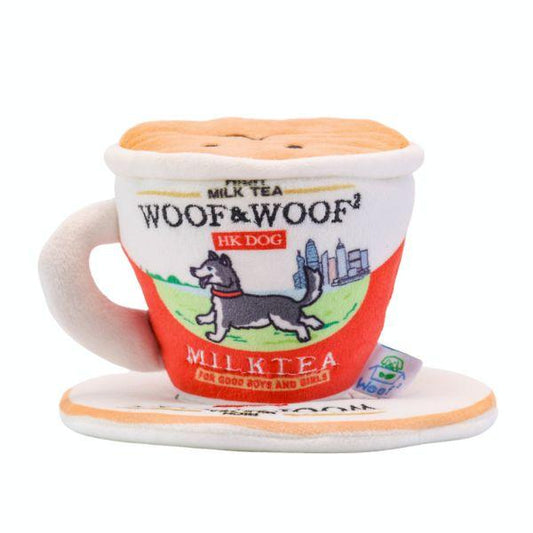 Front view of the Woof² Hong Kong Milk Tea 2-in-1 Nose-work Dog Toy showing the plush cup design with red label and dachshund illustration.
