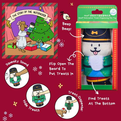 Features of the Woof² Nutcracker Treat-Dispensing Dog Toy showing treat-hiding beard flap, squeaker sound, and treat-dispensing design in festive packaging.