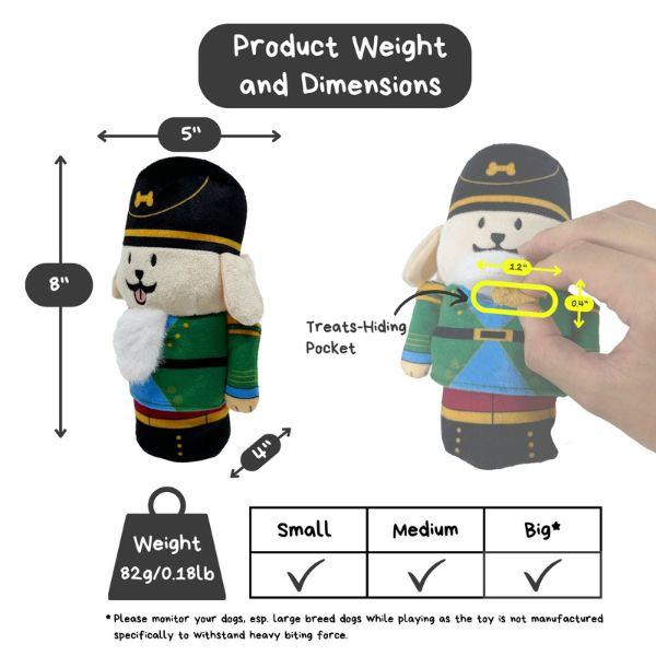 Product weight and dimensions chart for the Woof² Nutcracker Treat-Dispensing Dog Toy showing measurements, treat pocket location, and suitability for small to medium dogs.