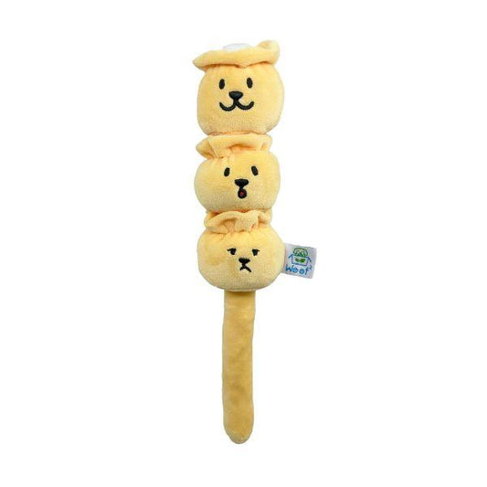 Front view of the Woof² Siu Mai Brothers Dog Toy showing three connected siu mai plush pieces on a skewer design.